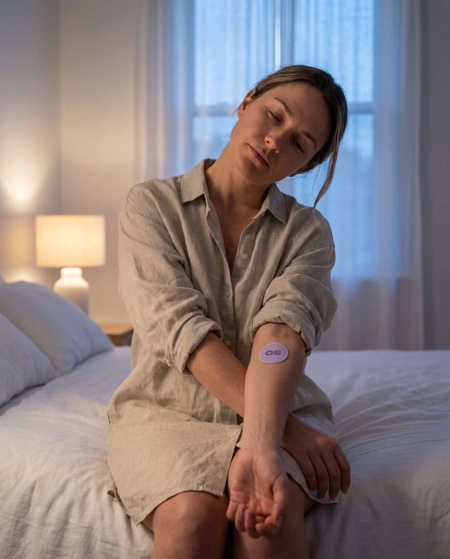 A woman winding down on her bed in warm lamplight, a lilac OS patch on her forearm