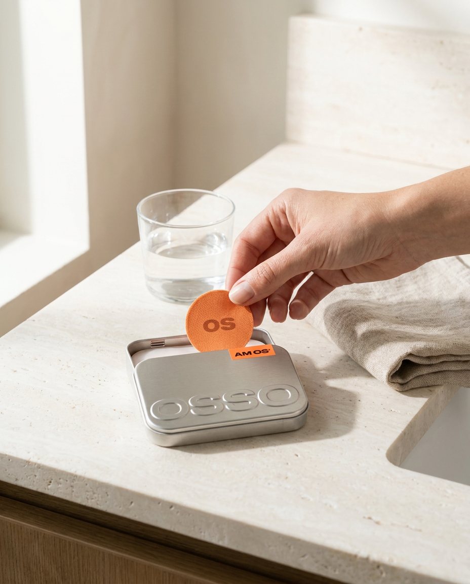 A hand lifting an orange OS patch from the OSSO tin on a stone counter in morning light